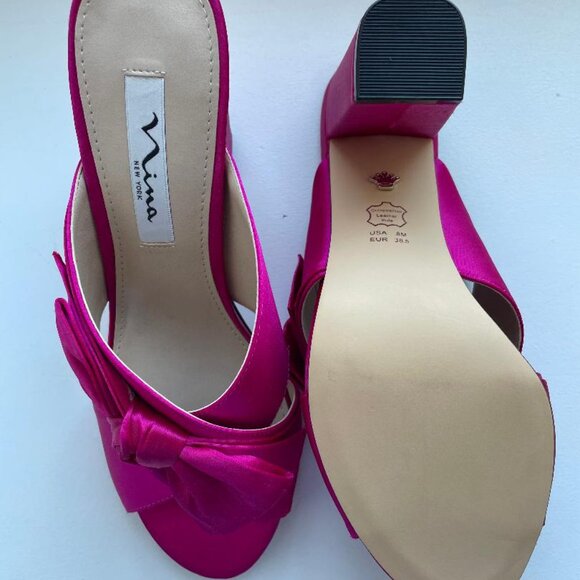 Nina Fuchsia Pink Satin Bow Heels Size 8 | Open Toe Mule - Picture 4 of 5